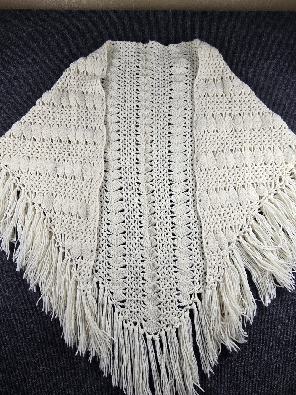 Handmade Cream Crochet Fringe Shawl